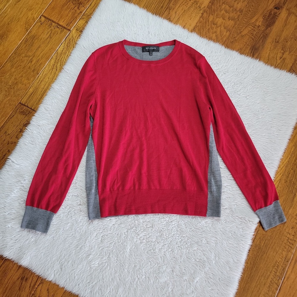 ST. JOHN 100% Wool Lightweight Sweater Women's Small Long Sleeve Color Block Red